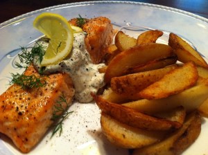 Salmon with Mustard Cream and Pan Roasted Potatoes